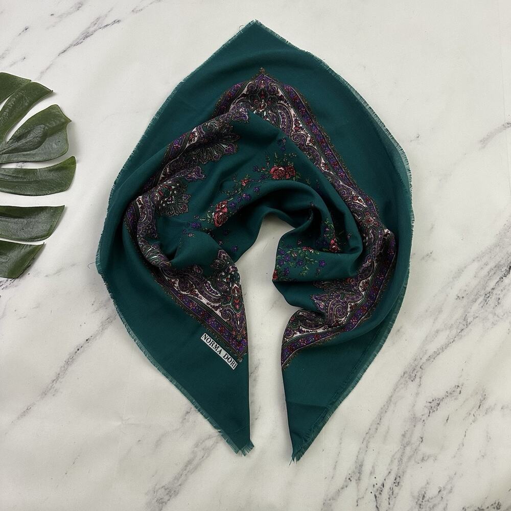 Norma Dori Womens Vintage 90s Square Scarf Teal Green Purple Floral Paisley Rose